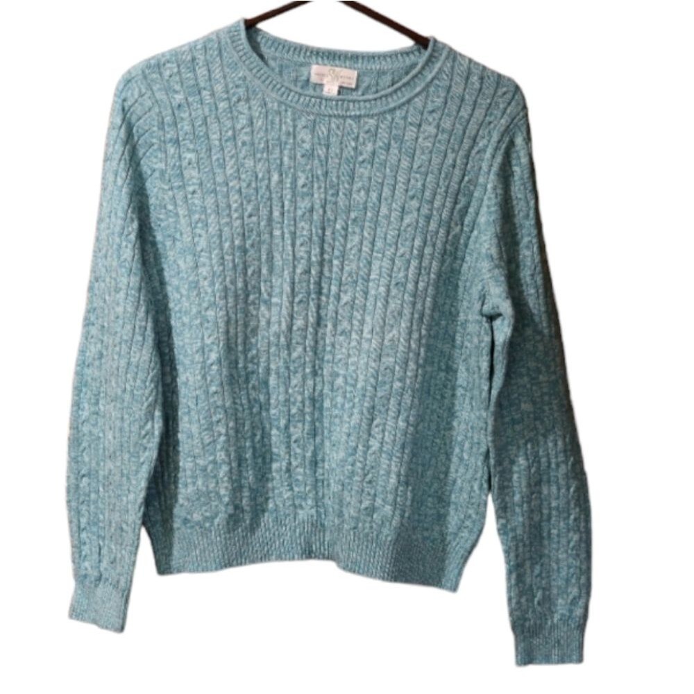 Studio Works Vintage 90s Teal Knit Pullover Sweater 100% Cotton Cozy Retro PL